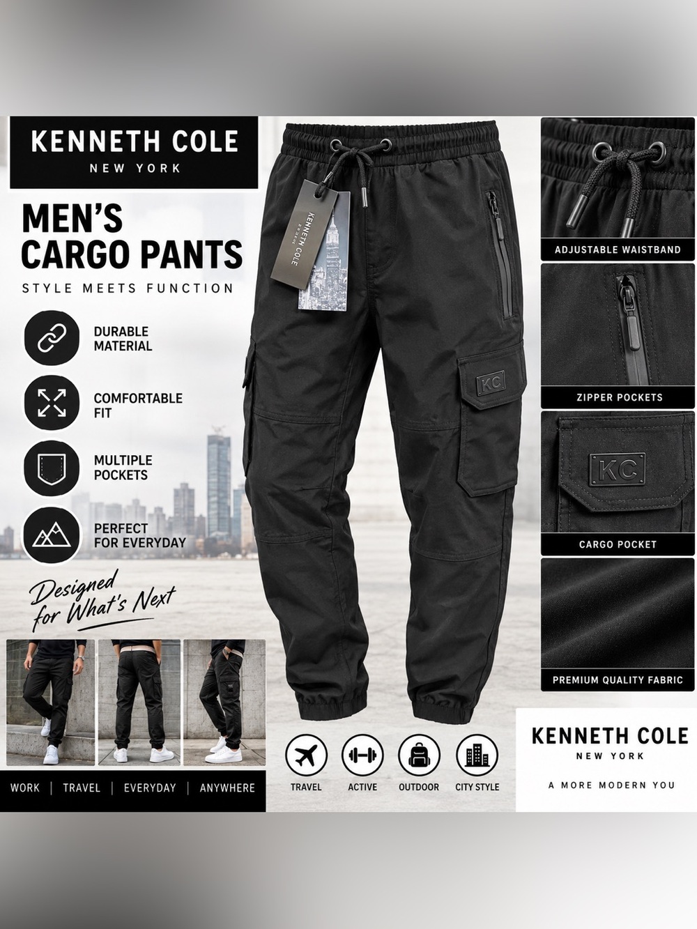 Kenneth Cole Black Cargo Utility Jogger Pants